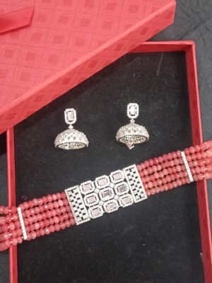 Rose American Diamond Pink  Choker Necklace Set