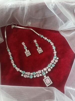 Sophia American Diamond Pink & Mint Green Necklace Set