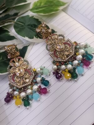 Niharika Multi Colored Gold Plated Crystals And Beads Chandelier Earrings
