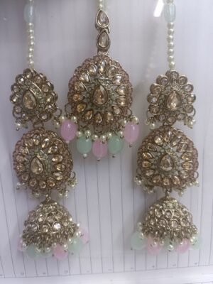 Palaash Pink And Mint Green Maangtika Set