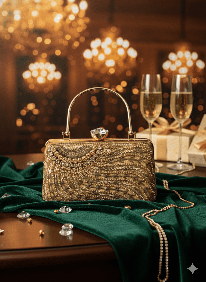 Crystle Bloom Dabka Work Golden Clutch