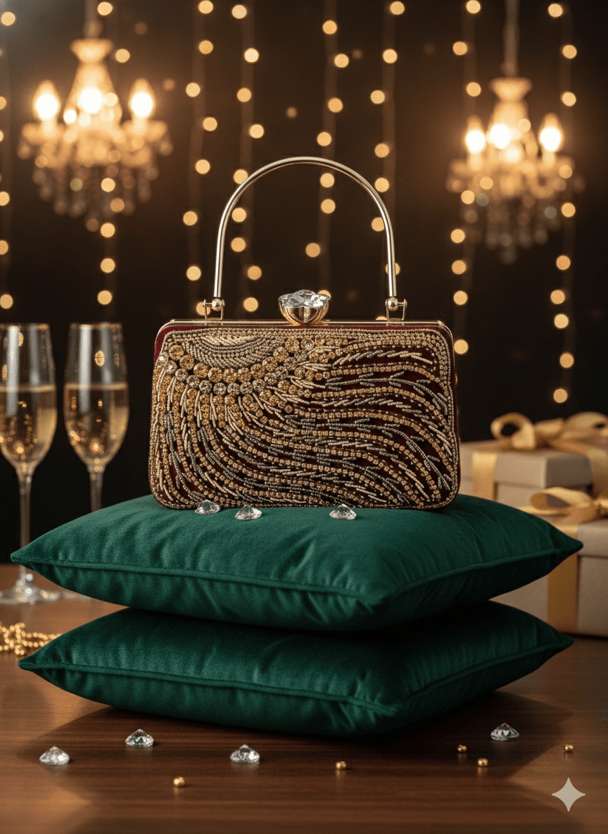 Crystle Bloom Dabka Work Maroon Clutch