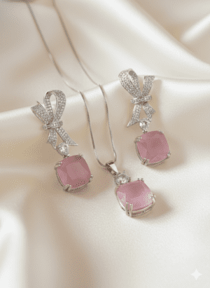 American Diamond Pink Elegance Bow Pendant Set