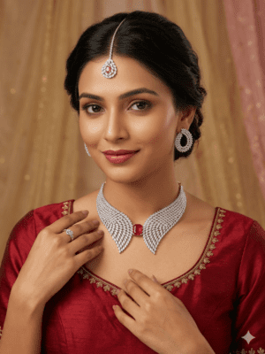 Royal Ruby Feather Necklace Set With Maangtika