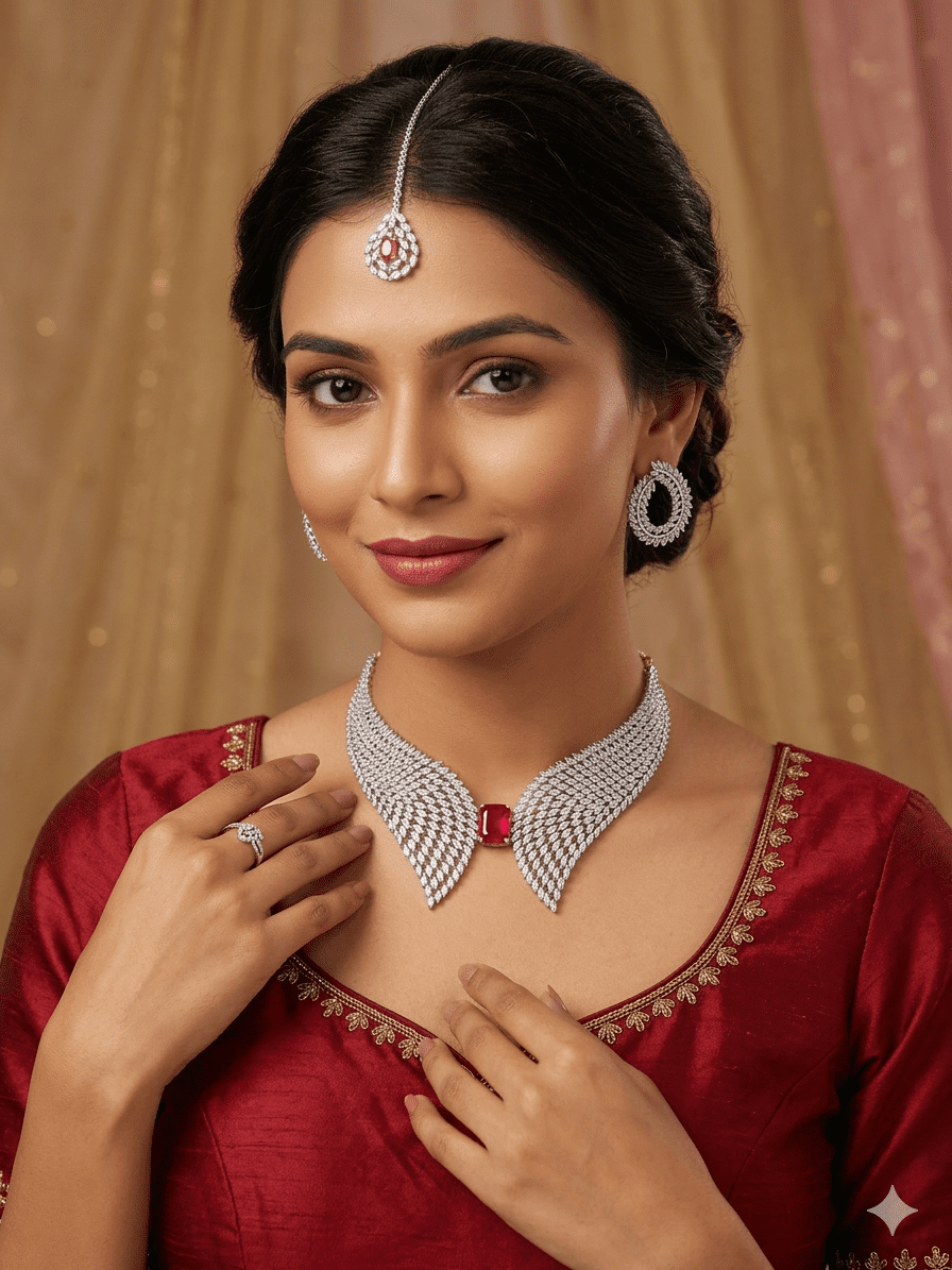 Royal Ruby Feather Necklace Set With Maangtika