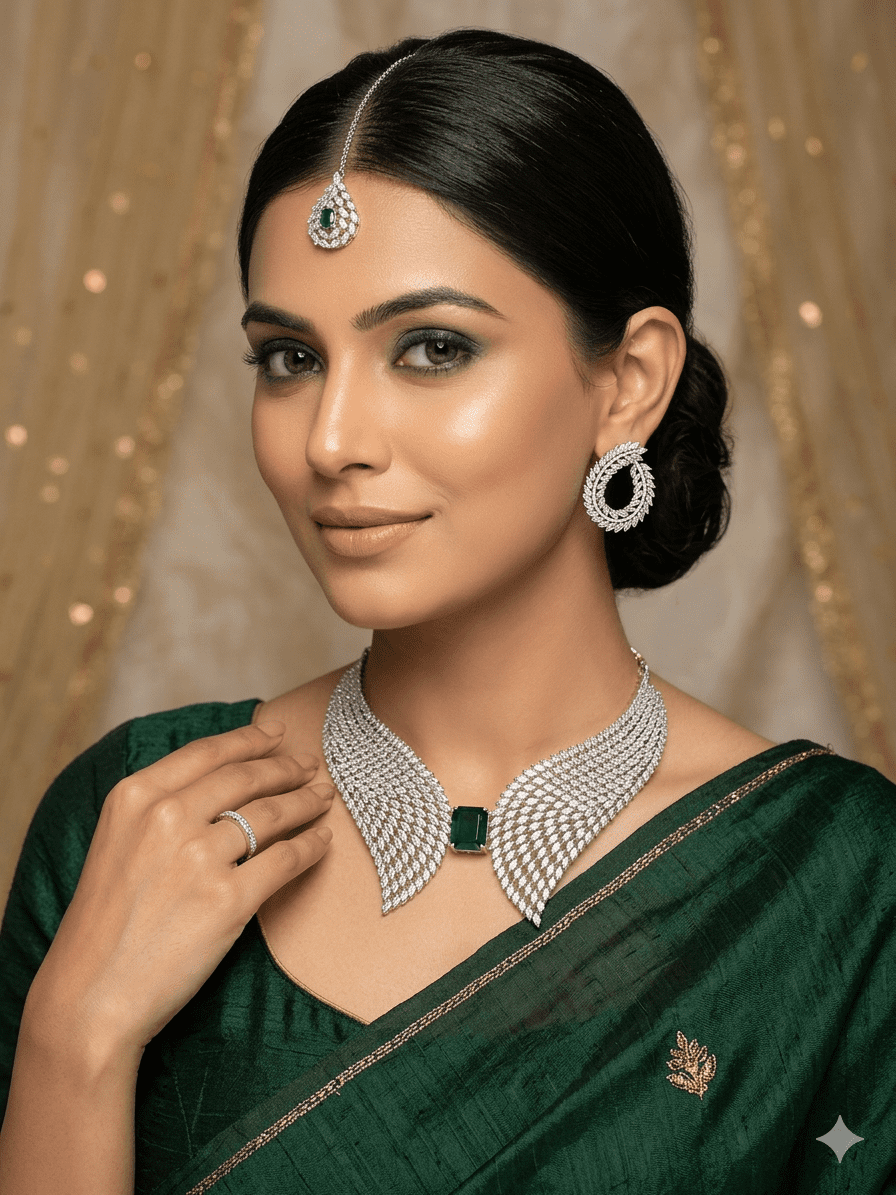 Royal Emerald Green Feather Necklace Set With Maangtika