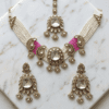 Royal Pink Bloom Polki Necklace Set with Maang Tikka