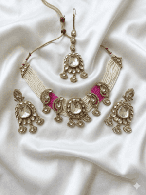 Royal Pink Bloom Polki Necklace Set with Maang Tikka
