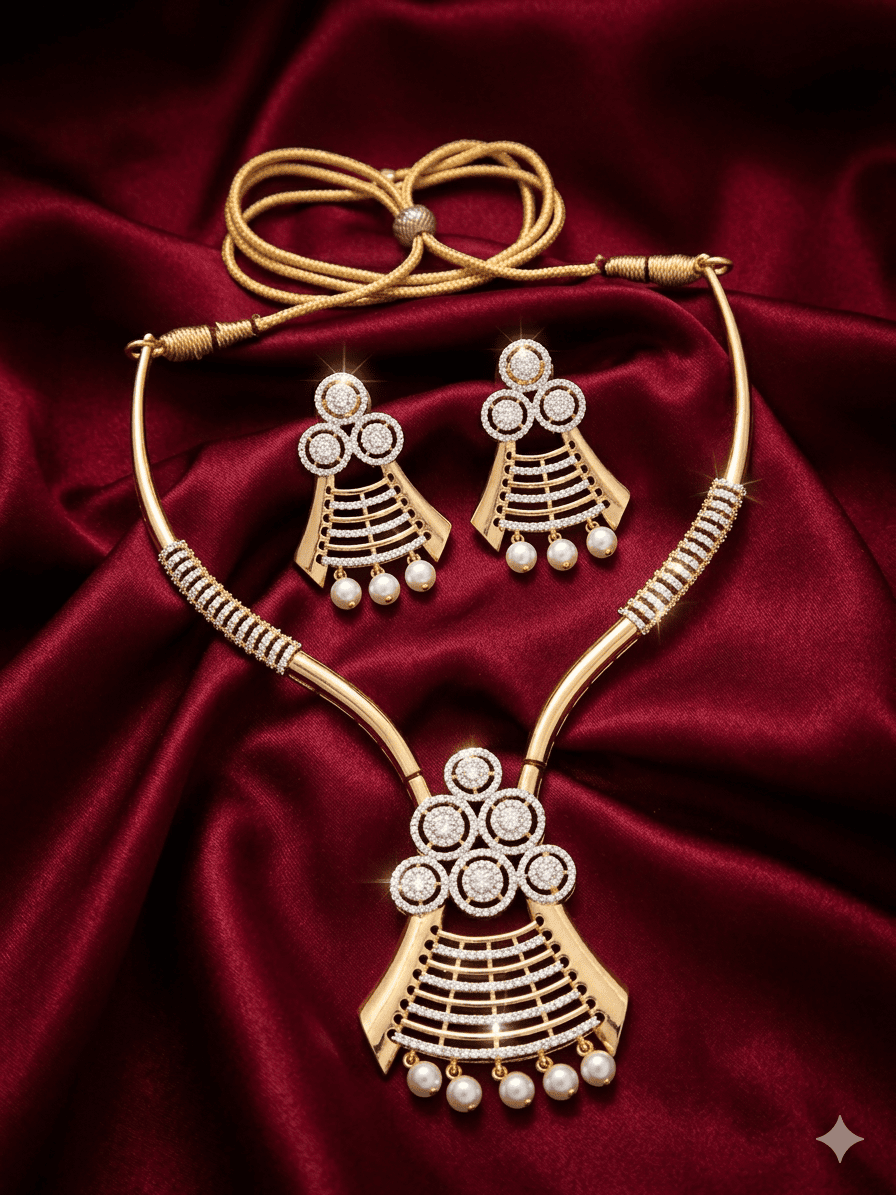 Royal Cascade Zirconia Gold Polished Necklace Set