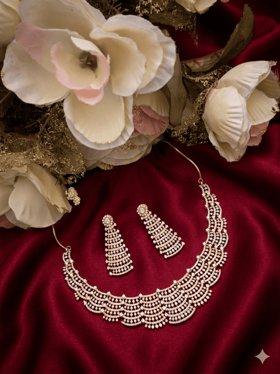 Crystal Cascade Zirconia Gold Polished Elegance Necklace Set