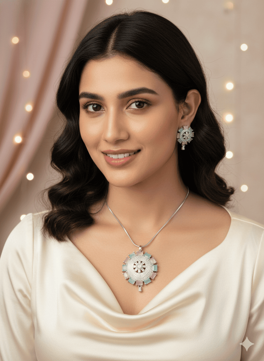 Celeste Bloom American Diamond Pastel Pendant Set